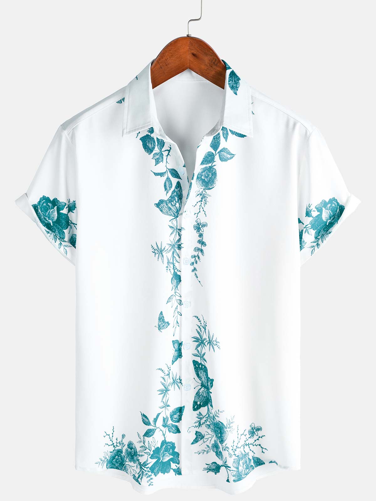 Men's Blue Floral Print Hawaiian Button Up Summer Beach Casual Collar Short Sleeve Shirt