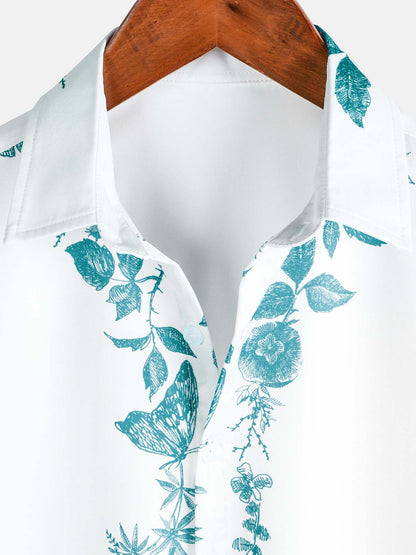 Men's Green Floral Print Hawaiian Button Up Summer Beach Casual Collar Short Sleeve Shirt