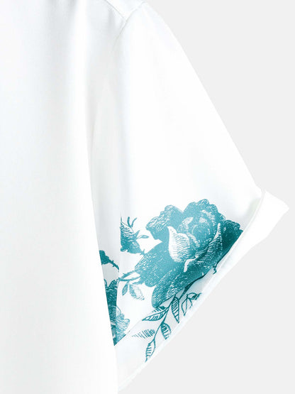 Men's Green Floral Print Hawaiian Button Up Summer Beach Casual Collar Short Sleeve Shirt