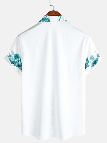 Men's Green Floral Print Hawaiian Button Up Summer Beach Casual Collar Short Sleeve Shirt