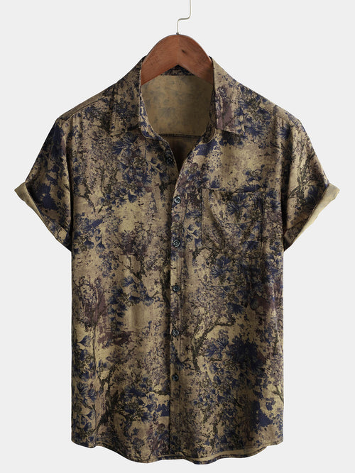 Men's Retro Floral Print Casual Short Sleeve Holiday Shirt