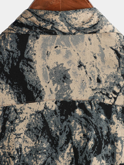 Men's Khaki Retro Art Print Casual Short Sleeve Button Up Shirt