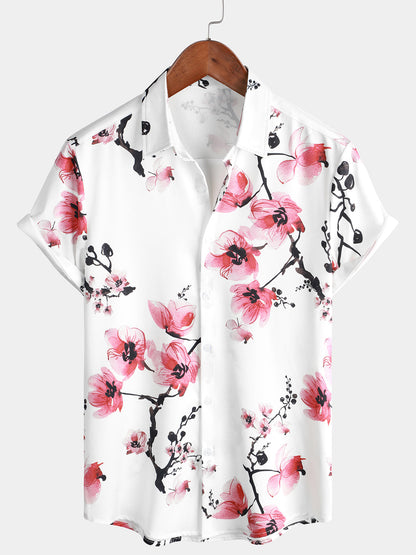 Men's Casual Pink Floral Print Summer Button Up Flower Short Sleeve Cherry Blossom Shirt