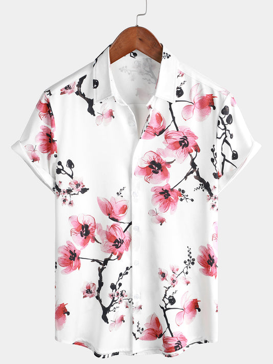 Men's Casual Pink Floral Print Summer Button Up Flower Short Sleeve Cherry Blossom Shirt