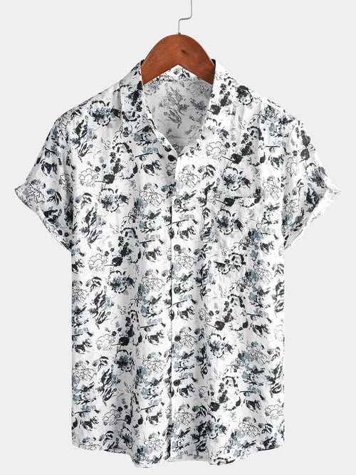 Men's White and Black Floral Summer Flower Button Up Cotton Short Sleeve Shirt