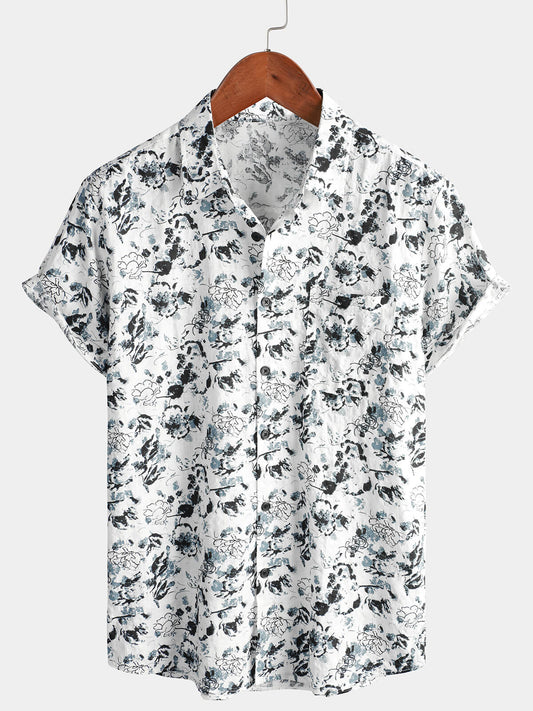 Men's White and Black Floral Summer Flower Button Up Cotton Short Sleeve Shirt