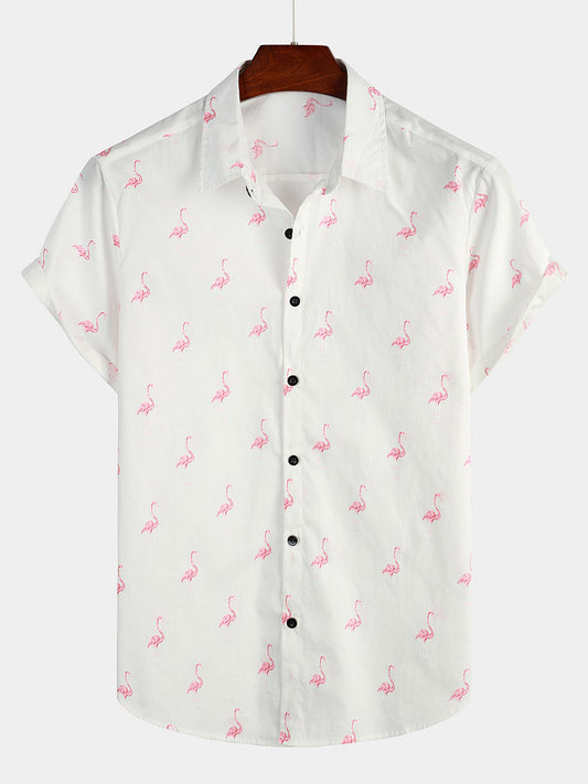 Men's Pink Flamingo Print Short Sleeve Button Up Shirt