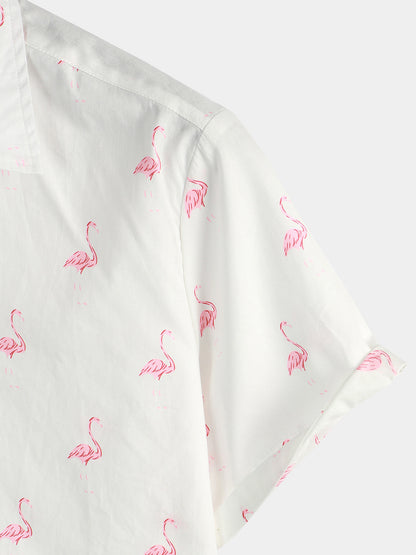 Men's Tropical Flamingo Animal Button Up Casual Hawaiian Holiday Short Sleeve Shirt