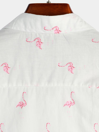 Men's Pink Flamingo Print Short Sleeve Button Up Shirt