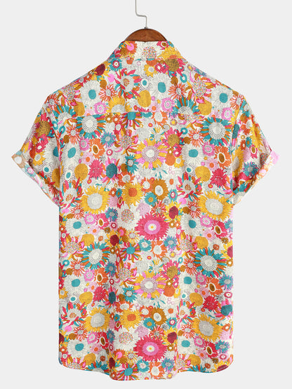 Men's Floral Cool Flower Summer Cotton Button Up Beach Short Sleeve Hawaiian Shirt