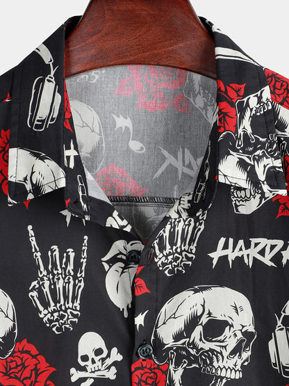 Men's Skull Rose Floral Punk Rocker Cool Rock Music Short Sleeve Hawaiian Shirt
