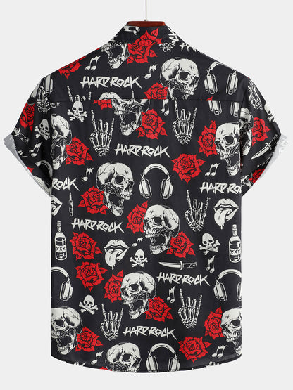 Men's Skull Rose Floral Punk Rocker Cool Rock Music Short Sleeve Hawaiian Shirt