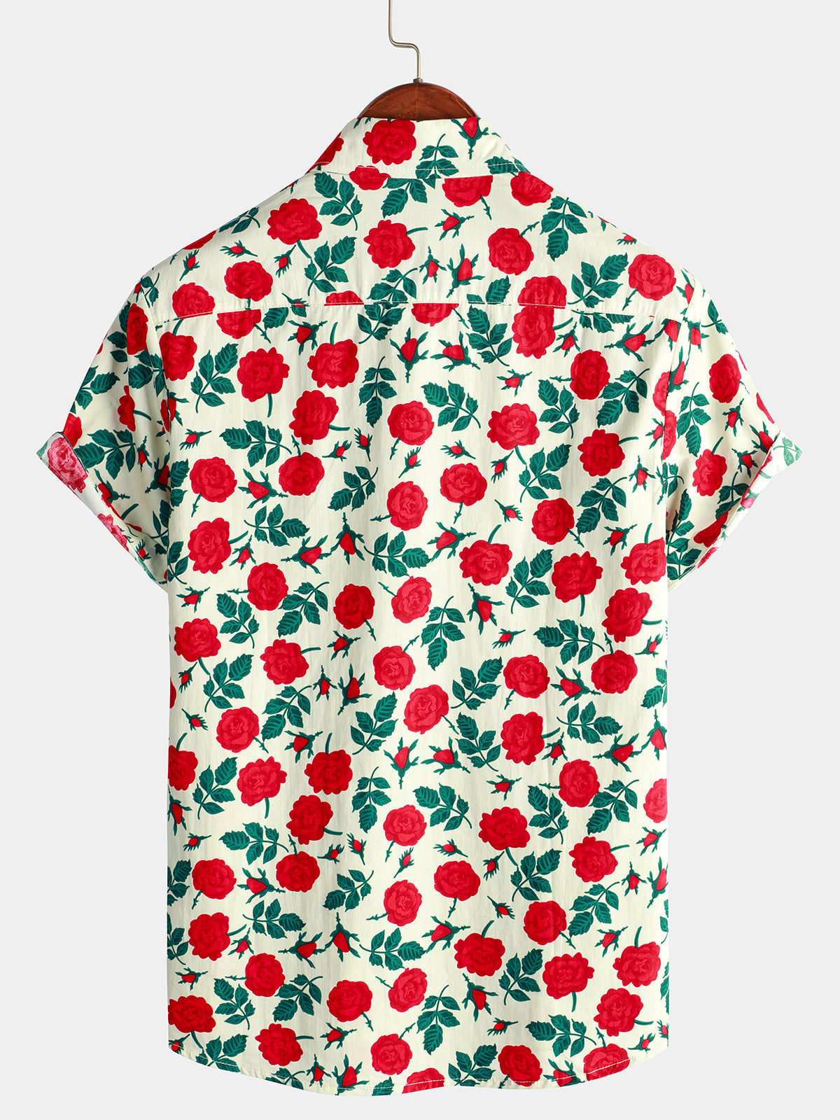 Men's Rose Print Cotton Breathable Beach Summer Button up Beige Short Sleeve Shirt