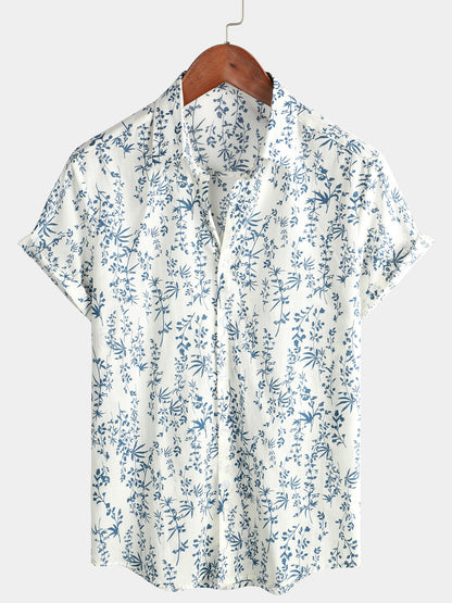 Men's Cotton Floral Button Up Summer Short Sleeve Shirt