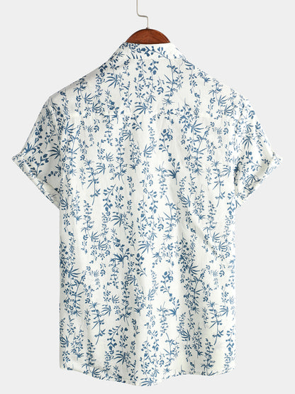 Men's Cotton Floral Button Up Summer Short Sleeve Shirt
