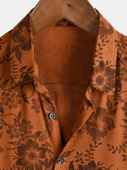 Men's Brown Floral Print Vintage Flower Holiday Breathable Short Sleeve Button Up Shirt