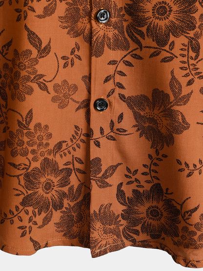 Men's Brown Floral Print Vintage Flower Holiday Breathable Short Sleeve Button Up Shirt