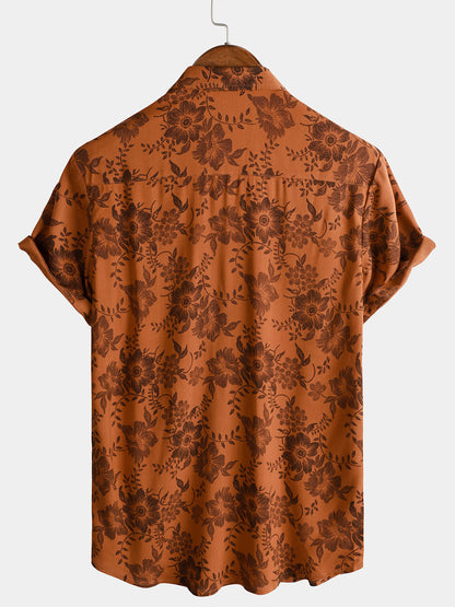 Men's Brown Floral Print Vintage Flower Holiday Breathable Short Sleeve Button Up Shirt