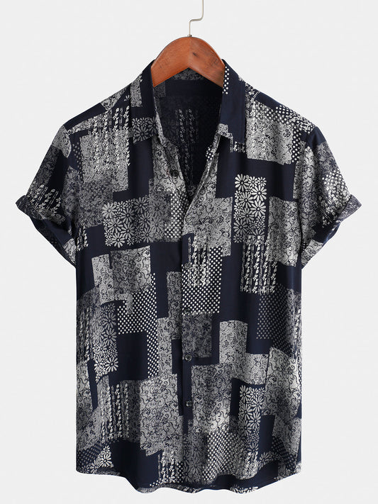 Men's Patchwork Print Daisy Floral Vintage Retro Holiday Short Sleeve Button Up Shirt