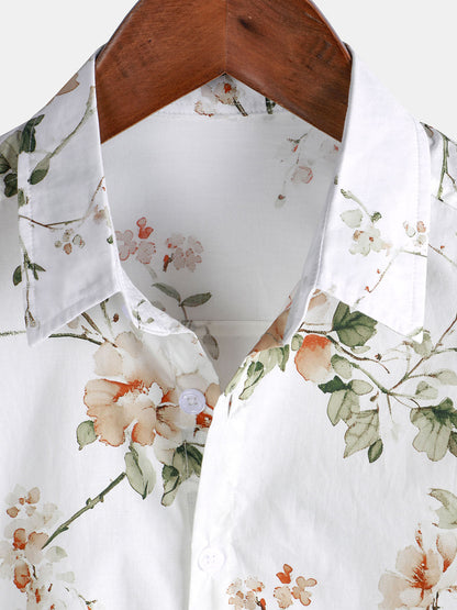 Men's Flower Print Cotton Hawaiian Floral Short Sleeve Shirt
