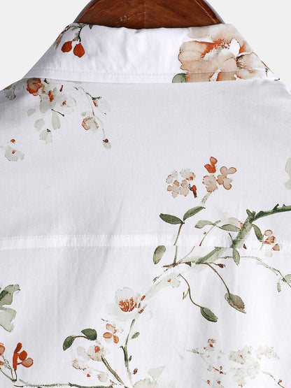 Men's Flower Print Cotton Hawaiian Floral Short Sleeve Shirt