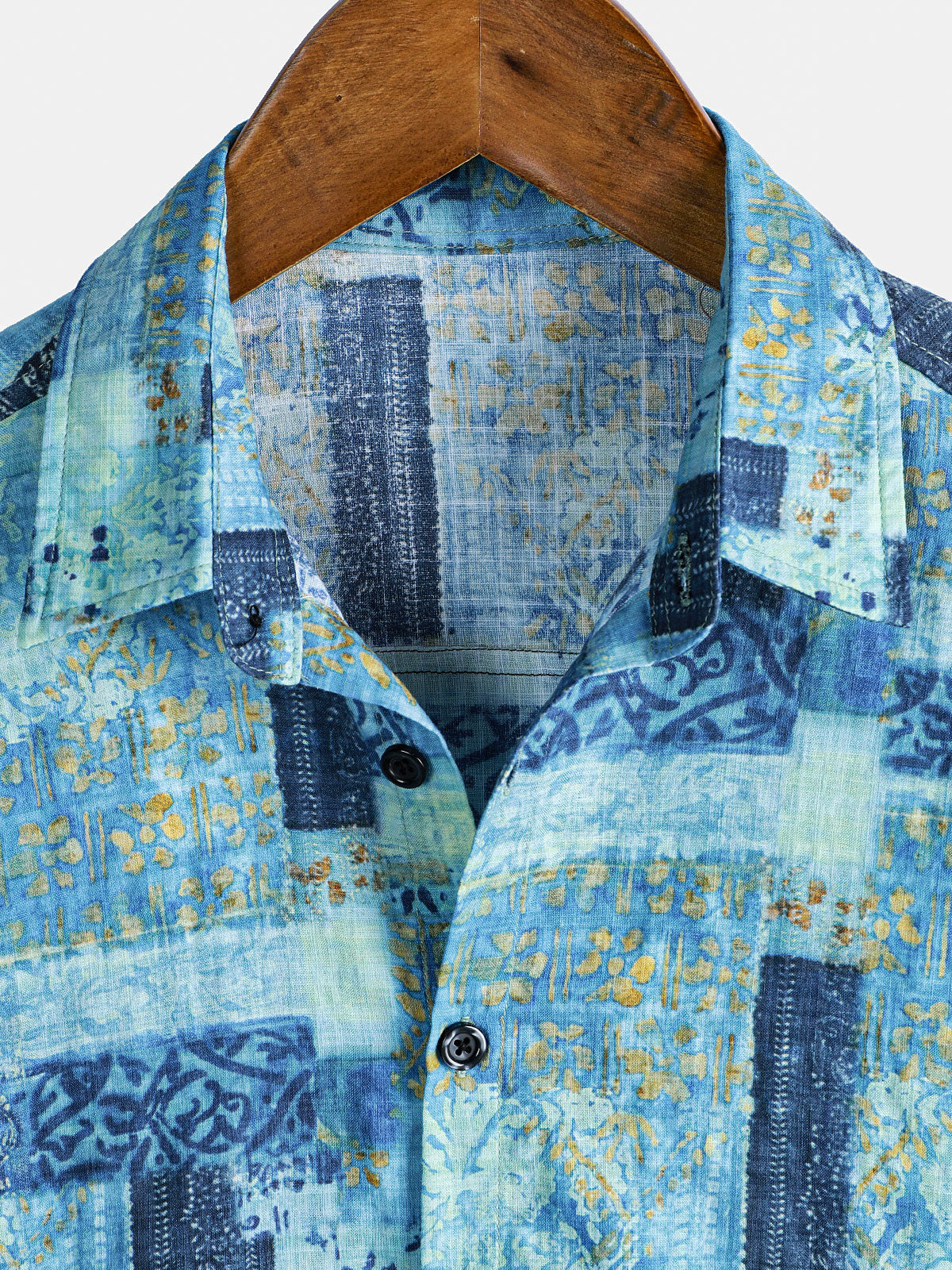 Men's Patchwork Print Breathable Cotton Short Sleeve Button Down Shirt