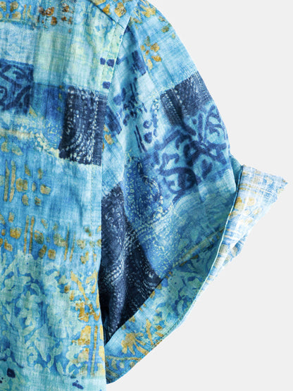 Men's Patchwork Print Breathable Cotton Short Sleeve Button Down Shirt