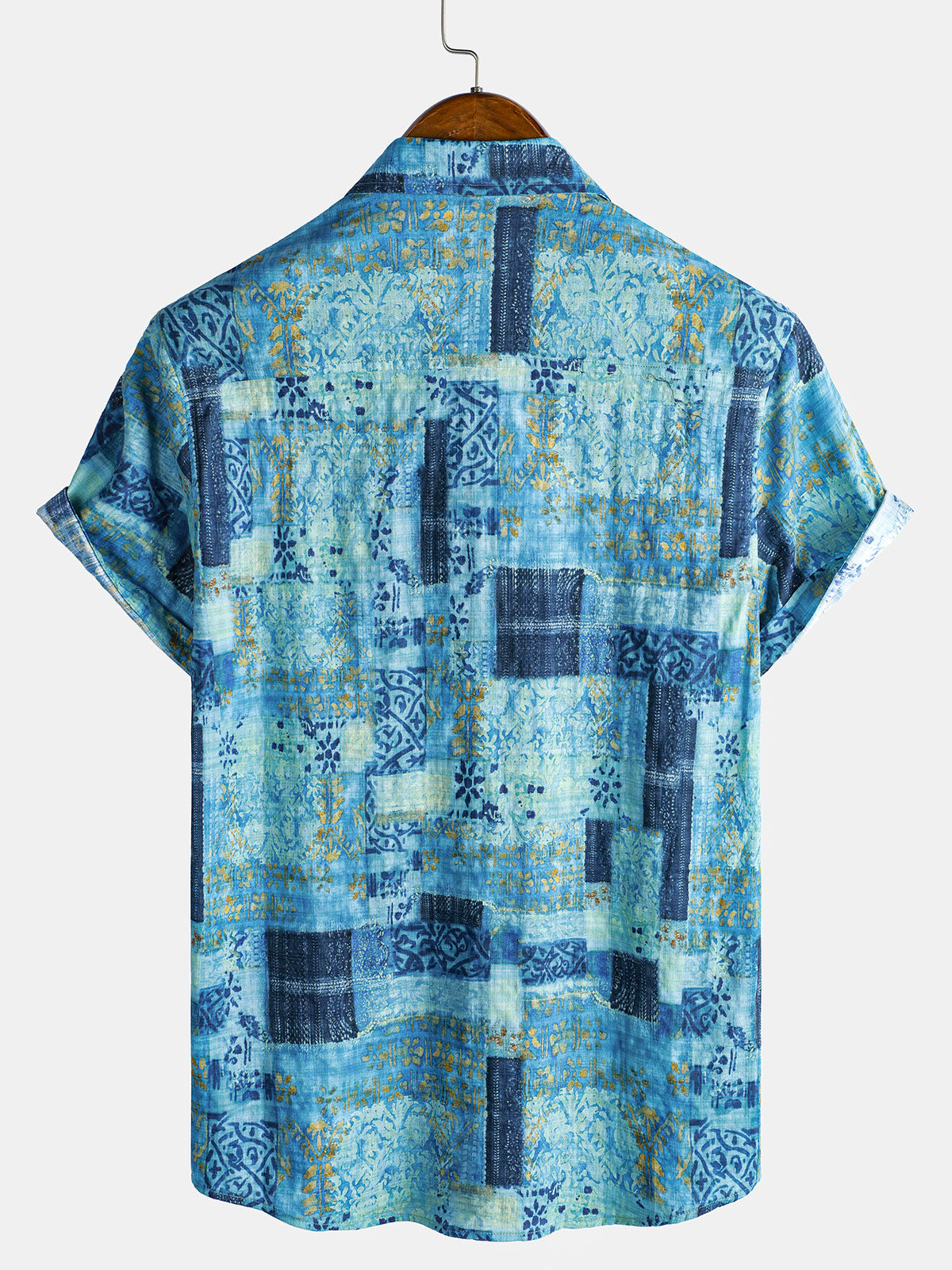 Men's Patchwork Print Breathable Cotton Short Sleeve Button Down Shirt