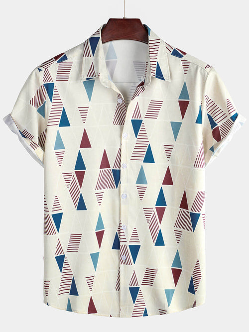 Men's Vintage Short Sleeve Art Geometric Print Casual Button Up Shirt