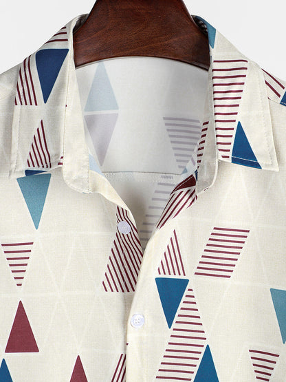 Men's Vintage Short Sleeve Art Geometric Print Casual Button Up Shirt