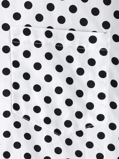 Men's Cotton Casual Polka Dot Summer White Pocket Short Sleeve Shirt
