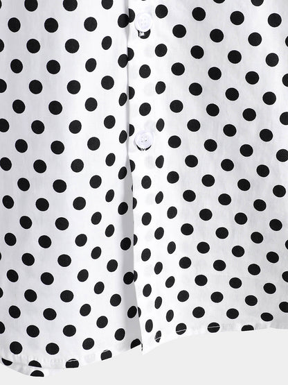 Men's Cotton Casual Polka Dot Summer White Pocket Short Sleeve Shirt
