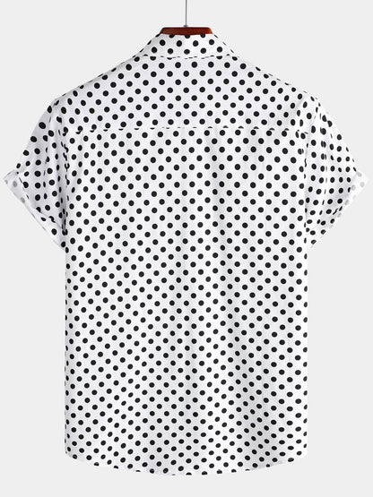 Men's Cotton Casual Polka Dot Summer White Pocket Short Sleeve Shirt