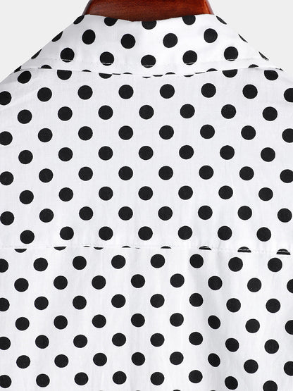 Men's Cotton Casual Polka Dot Summer White Pocket Short Sleeve Shirt