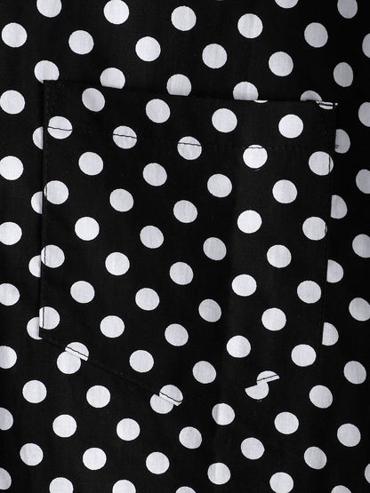 Men's Cotton Casual Polka Dot Summer Black Pocket Short Sleeve Shirt