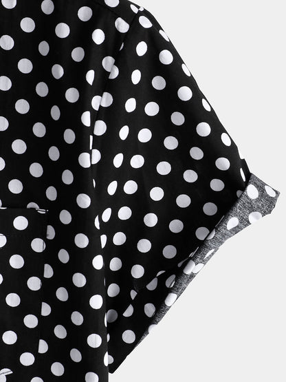 Men's Cotton Casual Polka Dot Summer Black Pocket Short Sleeve Shirt