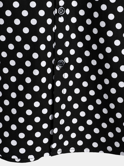 Men's Cotton Casual Polka Dot Summer Black Pocket Short Sleeve Shirt