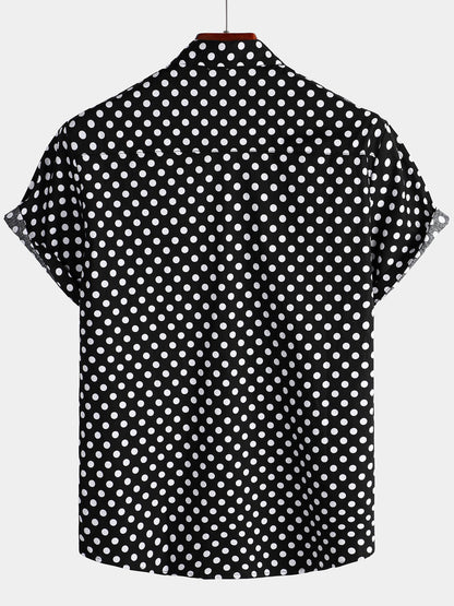 Men's Cotton Casual Polka Dot Summer Black Pocket Short Sleeve Shirt