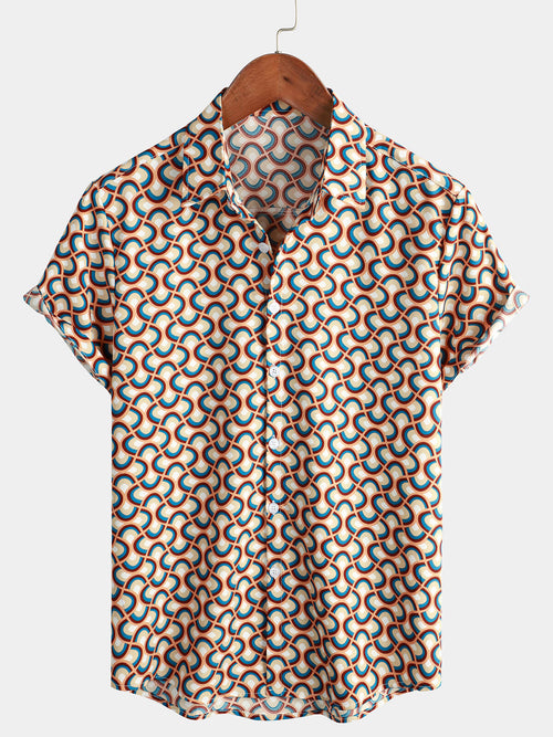 Men's Retro Button Up Vintage Geometric Circle Cool Summer Beach Short Sleeve Shirt