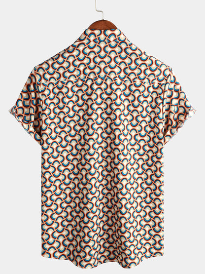 Men's Retro Button Up Vintage Geometric Circle Cool Summer Beach Short Sleeve Shirt