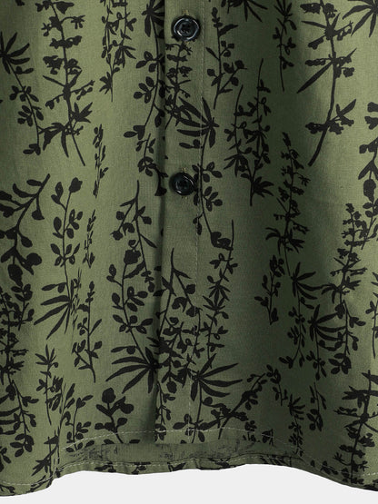 Men's Green Cotton Hawaiian Summer Vintage Floral Holiday Cruise Short Sleeve Button Up Shirt