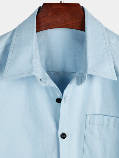 Men's Solid Color Linen Cotton Pocket Casual Short Sleeve Shirt