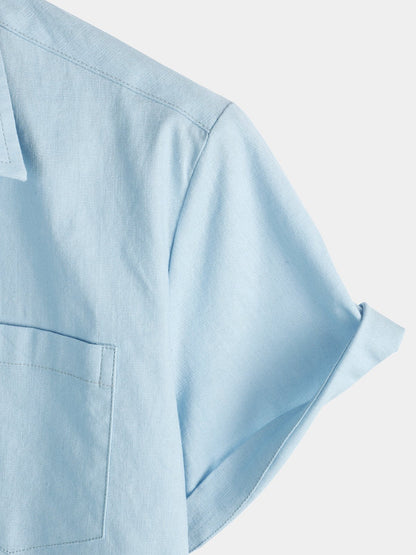 Men's Solid Color Linen Cotton Pocket Casual Short Sleeve Shirt