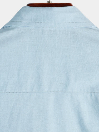 Men's Solid Color Linen Cotton Pocket Casual Short Sleeve Shirt