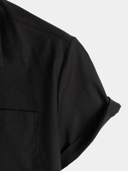 Men's Solid Color Linen Cotton Pocket Casual Short Sleeve Shirt