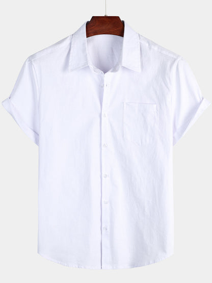 Men's Solid Color Linen Cotton Pocket Casual Short Sleeve Shirt