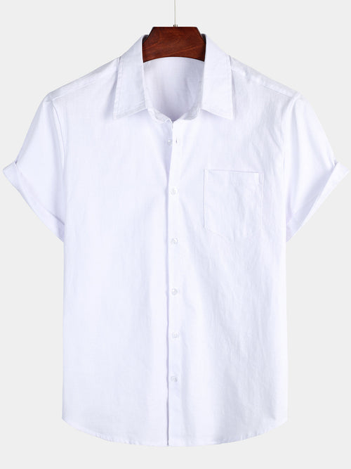 Men's Solid Color Linen Cotton Pocket Casual Short Sleeve Shirt
