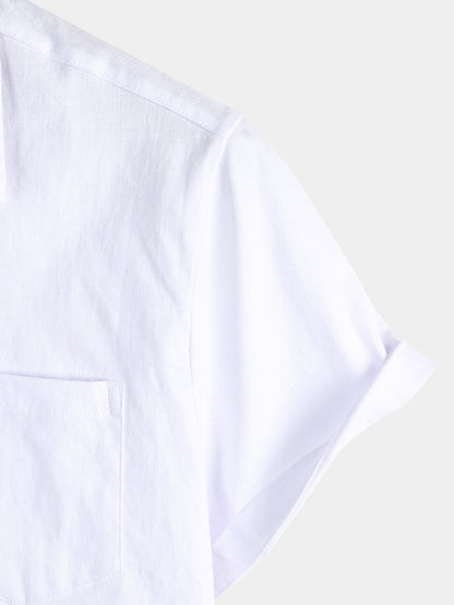 Men's Solid Color Linen Cotton Pocket Casual Short Sleeve Shirt