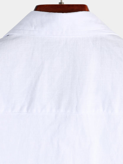 Men's Solid Color Linen Cotton Pocket Casual Short Sleeve Shirt