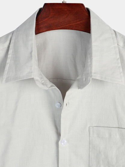 Men's Solid Color Linen Cotton Pocket Casual Short Sleeve Shirt